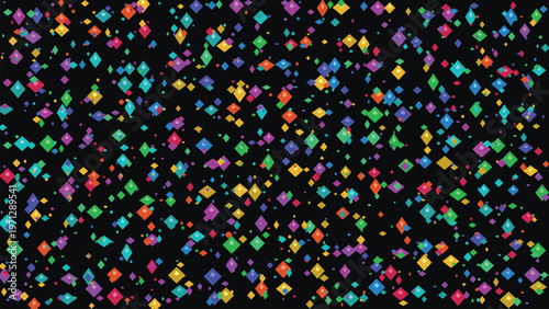 Seamless pattern of vibrant, multicolored geometric rhombuses scattered across a deep black background, creating a festive, cheerful design, ideal for party invitations, digital art,