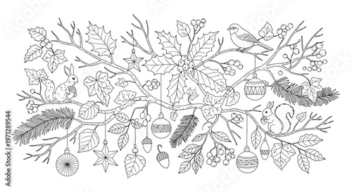 Detailed Line Art of Forest Animals and Winter Foliage.