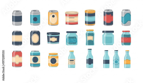 Metal can tin and glass bottle vector set with packaging containers isolated on white