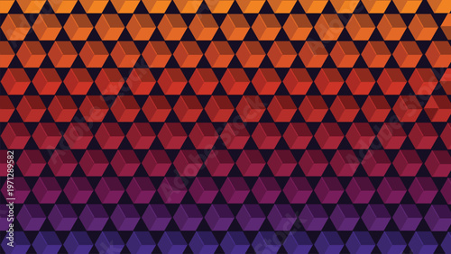 Geometric pattern, a vibrant seamless gradient of 3D isometric hexagons in warm orange, fiery red, and deep purple colors, creating a modern abstract background for digital design,