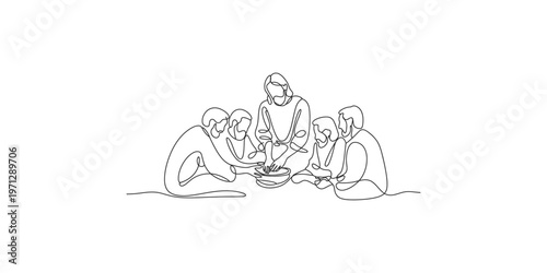 Continuous line drawing of people washing hands in a bowl together group hygiene cleaning health