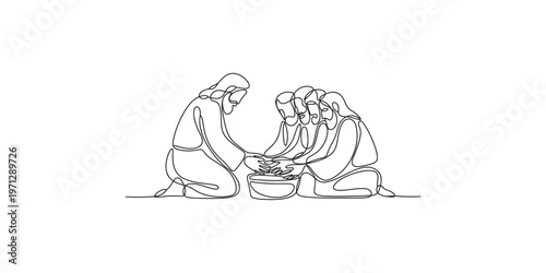 Continuous line drawing of people washing hands together in a bowl hand group kneeled water