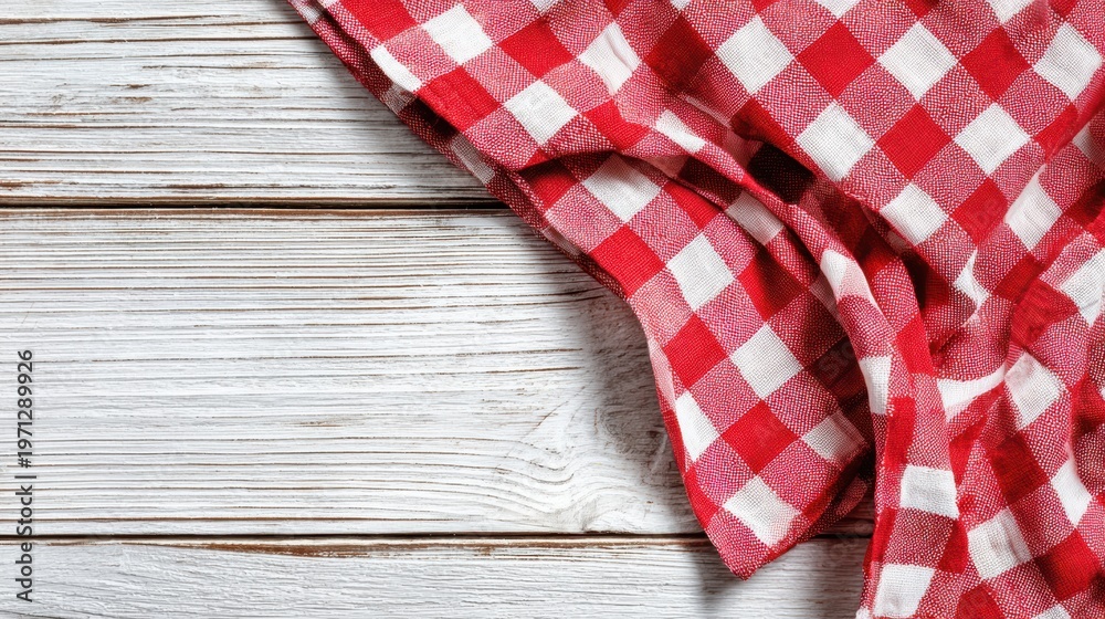 Obraz premium Spring Summer outdoor leisure relaxation activity. A closeup of a red and white checkered tablecloth draped over a weathered wooden surface. The tablecloths texture is visible.