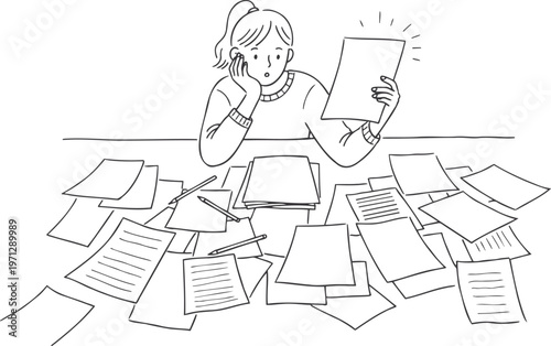 Businesswoman juggling work tasks and communication icons, multitasking professional woman managing office workflow, black and white line art vector