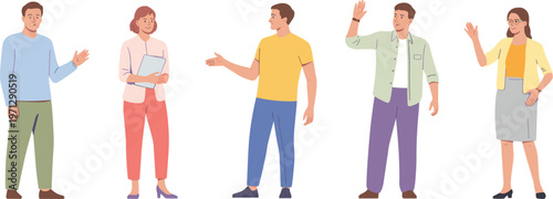 People characters talking set, casual conversation gestures diverse adults communication, flat style vector illustration