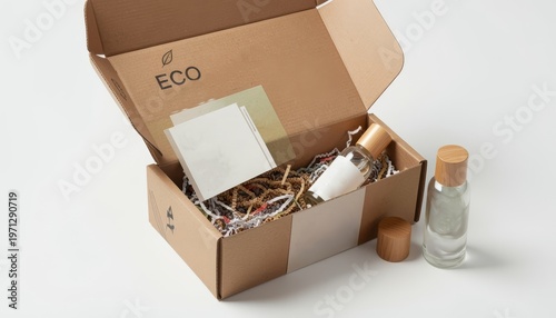 Medium shot of an open cardboard eco box containing sustainable glass cosmetic bottles with wooden caps and recycled paper filler under bright studio light