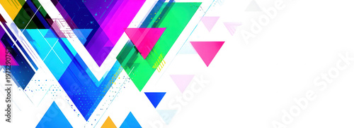 Abstrakter Hintergrund mit bunten geometrischen Dreiecken und dynamischen Linien auf weißem Grund für modernes Grafikdesign und Web-Banner.