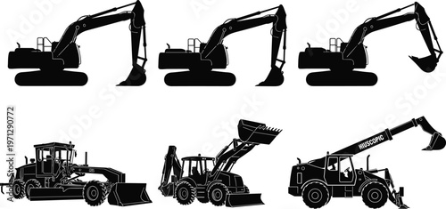Black silhouette vector illustration of heavy construction machinery, excavators, motor grader, front loader, telescopic handler, earthmoving equipment, industrial vehicles, engineering machines