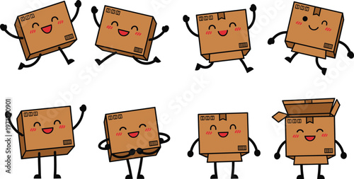 WebCartoon cardboard boxes illustration, eight expressive characters with smiling faces, joyful poses, playful vector artwork for packaging, shipping, fun design content