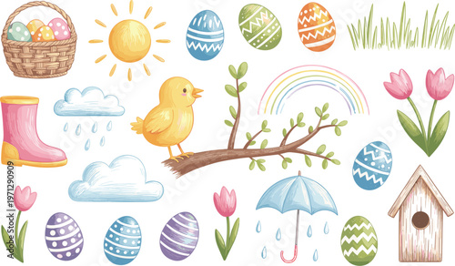 Spring elements set, cute easter eggs chick rainbow flowers rain boots, seasonal vector illustration