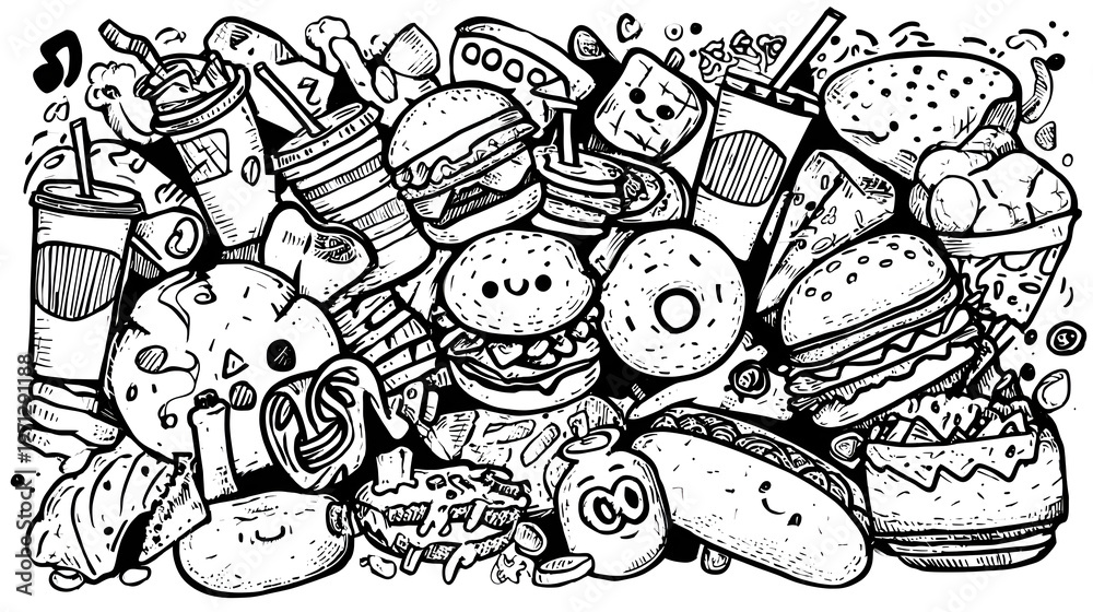 Obraz premium Fast food doodle line art vector illustration Stock Vector