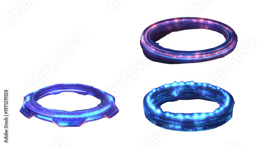 Drei futuristische leuchtende Ringe in Blau und Violett auf weißem Hintergrund, ideal für Sci-Fi-Benutzeroberflächen und moderne Grafikdesigns.