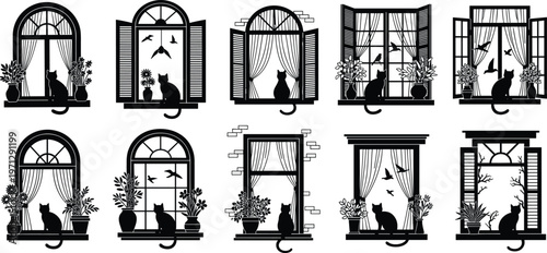 Cats sitting peacefully on diverse windowsills, decorative frames with plants, flowers, birds, serene domestic life, contemplative silhouettes, architectural variety, cozy home atmosphere