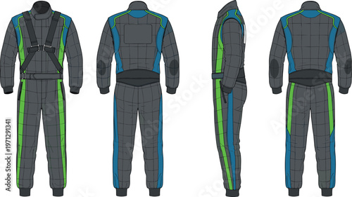 Racing suit detailed design with front, back and side views, motorsport protective gear flat vector illustration set