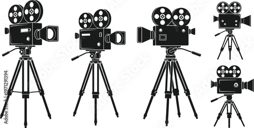 Vintage film camera set with different models on tripods, retro cinema equipment icons in black vector illustration