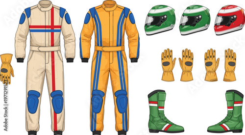 Racing suit and gear collection with helmets, gloves and boots, motorsport protective equipment flat vector illustration set