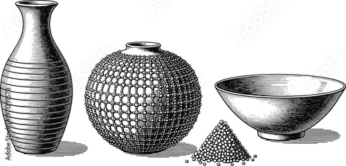 Classical engraving illustration of vase, spherical vessel, conical beads, shallow bowl, fine linework, cross-hatching texture, artistic detail, black-and-white vector art