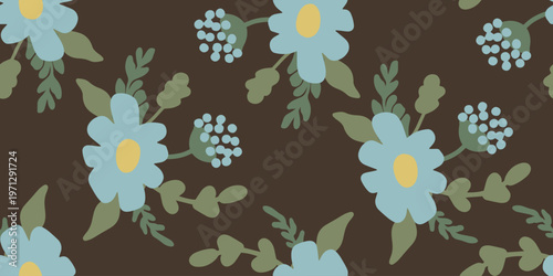 Seamless pattern with blue forget-me-not flowers and green leaves on dark background. Elegant floral design ideal for textile and decorative prints.