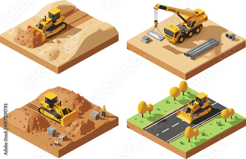Construction site vector illustration, bulldozers, crane truck, concrete blocks, pipes, road building, worker activity, heavy machinery, civil engineering, infrastructure development