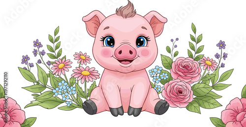 Cute pink piglet with blue eyes, cheerful smile, surrounded by colorful flowers, green leaves, whimsical fantasy vector illustration artwork design