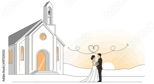 Wedding Couple Embracing Near Church at Sunset with Heart Symbol