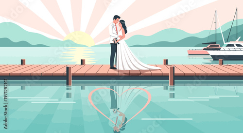 Wedding Couple Embracing on Dock at Sunrise with Heart Reflection