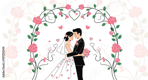 Wedding Couple Embracing Under Floral Archway, Love and Romance Illustration