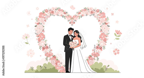 Wedding Couple Embracing Under Floral Heart Arch
