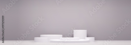 White 3D modern podium platform for product display with minimalist studio background and soft shadow. Realistic vector mockup, abstract round stairs stand for presentation backdrop, geometric steps