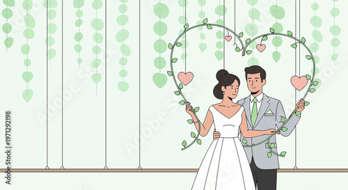 Wedding Couple Embracing Under Heart Shaped Arch with Hanging Greenery and Pink Hearts