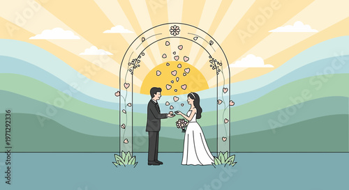 Wedding Couple Exchange Vows Under Arch with Hearts at Sunrise