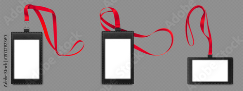 Id badge mockup with blank white paper, black leather card holder and red lanyard, realistic vector isolated on transparent background. Design template for corporate office staff identification