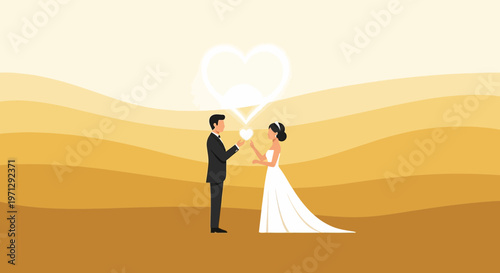Wedding Couple Exchanging Hearts on Golden Background