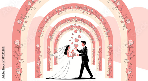 Wedding Couple Exchanging Hearts Under Floral Archway