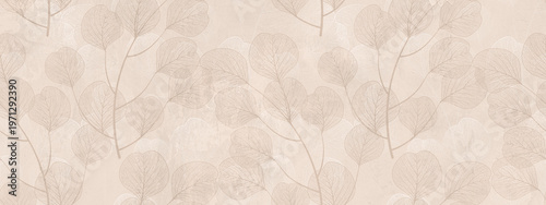 Minimalist beige botanical wallpaper, subtle leaf pattern on textured paper, elegant neutral floral background for interior design and stationary