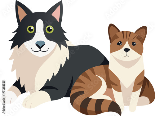 Adorable Border Collie Dog and Tabby Cat Lying Together Isolated PNG – Cute Pets Cartoon Vector Illustration Clipart Line Art Design