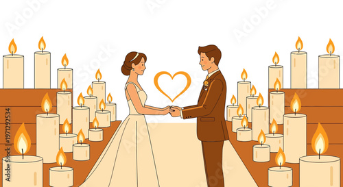 Wedding Couple Holding Hands Amidst Romantic Candlelight and Heart Symbol