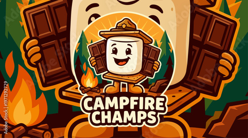 Smiling cartoon marshmallow character camping.