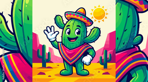 Cactus in sombrero waving hand.