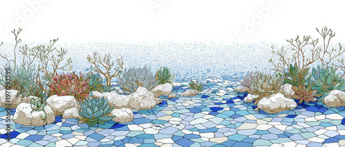 Illustration eines Gartens mit verschiedenen Sukkulenten und weißen Steinen auf einem kunstvollen blauen Mosaikboden vor weißem Hintergrund.