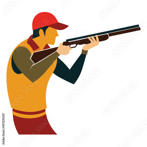 Hunter Aiming Shotgun Vector Illustration – Outdoor Shooting Sport Cartoon Clipart Line Art Design for Printable Graphics