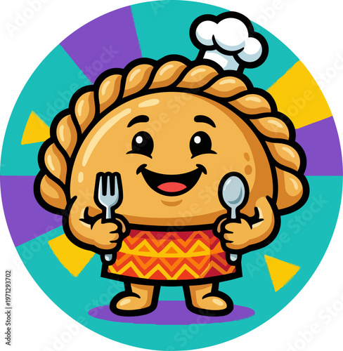 Cartoon Empanada Character Holding Utensils.