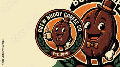 Cartoon coffee bean character logo.