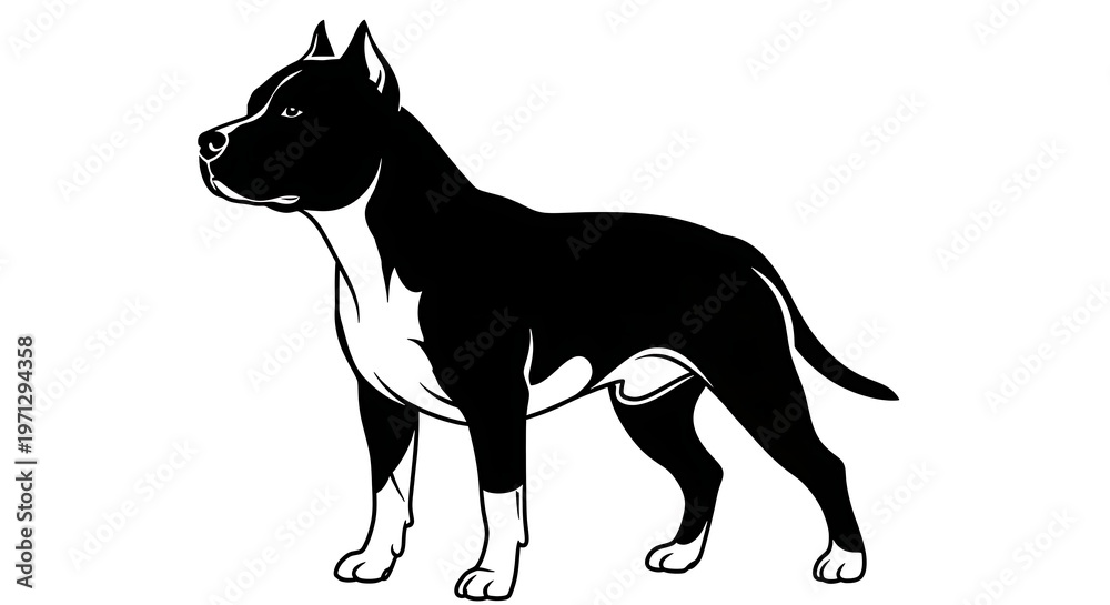 Obraz premium Black and White Pitbull Dog Standing Proudly in Profile.