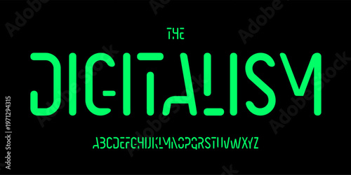 Thin cutout alphabet, rounded narrow sans serif lettering, innovate futuristic font for AI game logo, cyber sport headline, green digital display, modern tech interface typography, vector typeset