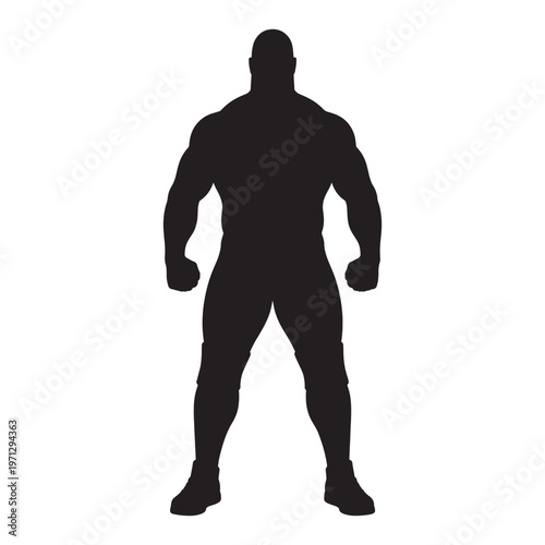 Silhouette of a very muscular man with broad shoulders and large build, standing with fists clenched on white background, conveying imposing strength.