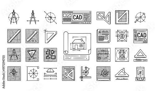 Engineering drawing icon set with blueprint tools and construction sketches editable stroke thin line vector for technical project design