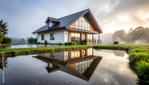 Modern house lakeside reflection