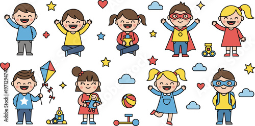 Cute Cartoon Kids Vector Set Featuring Playful Children with Toys, Stars, Clouds, and Fun Accessories for Childcare and Education Designs