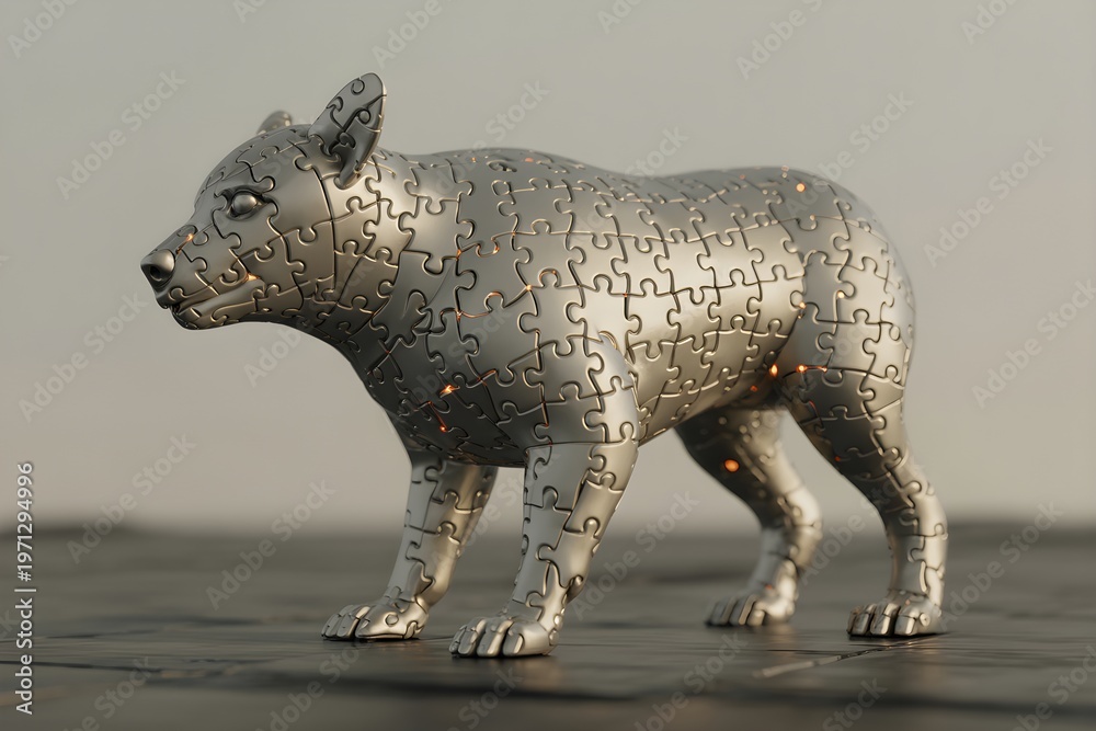 Fototapeta premium 3D metallic cyber wolf sculpture in dynamic walking pose against neutral gradient background
